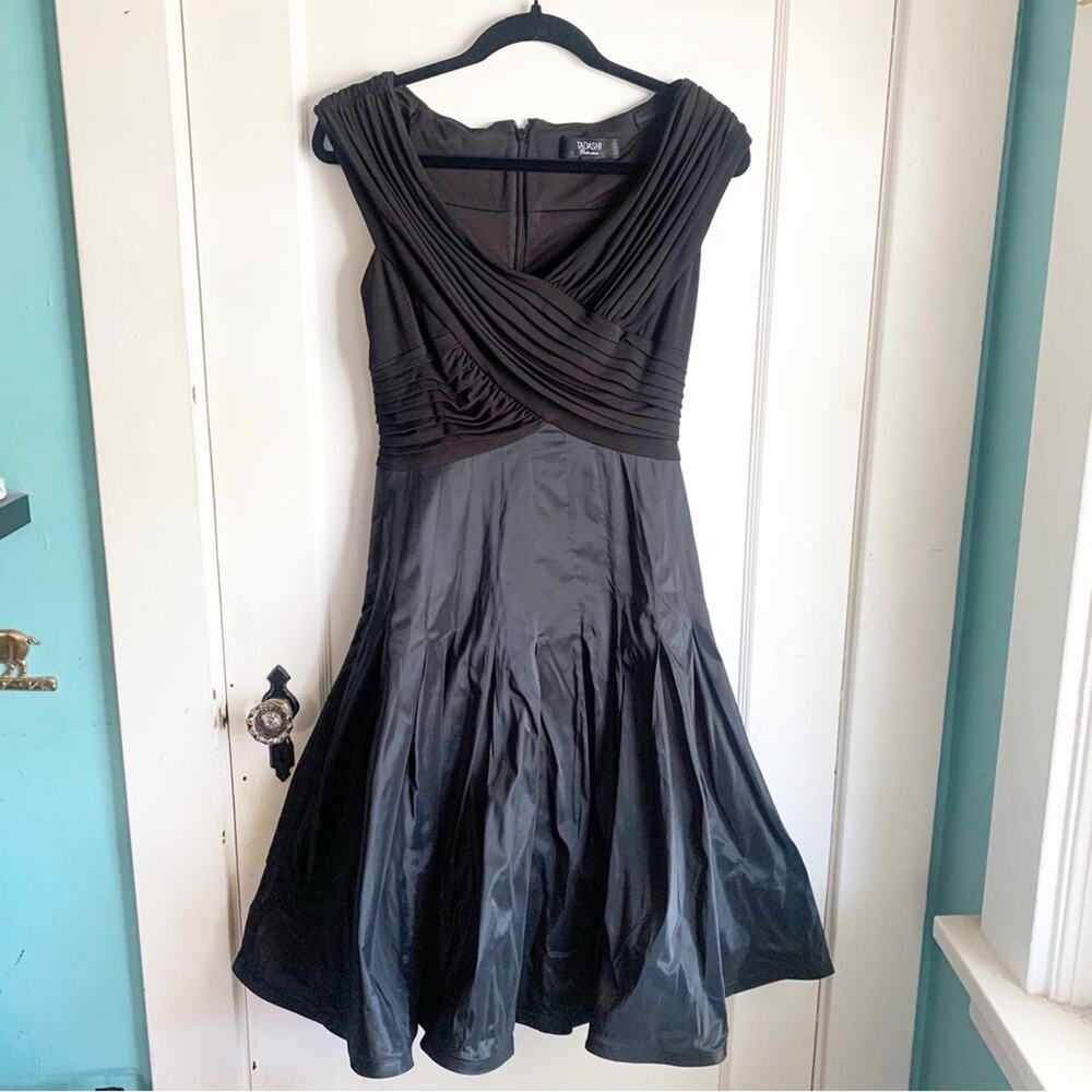 TADASHI Shoji Collection Cap Sleeve Vintage Midi Dress Ruched Top Crepe Skirt 6